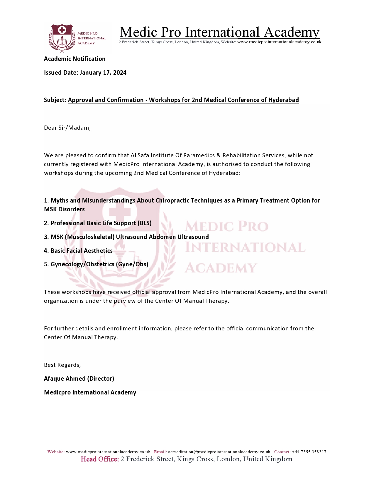 Approval and Confirmation - Workshops for 2nd Medical Conference of Hyderabad